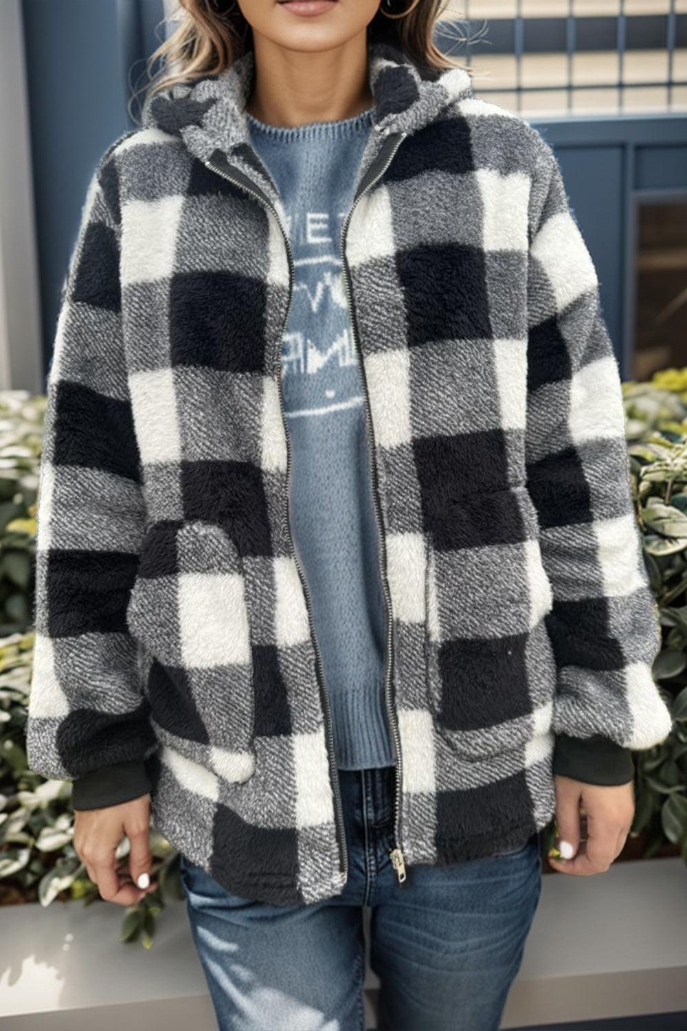 Double Take Full Size Plaid Long Sleeve Hooded Coat Black