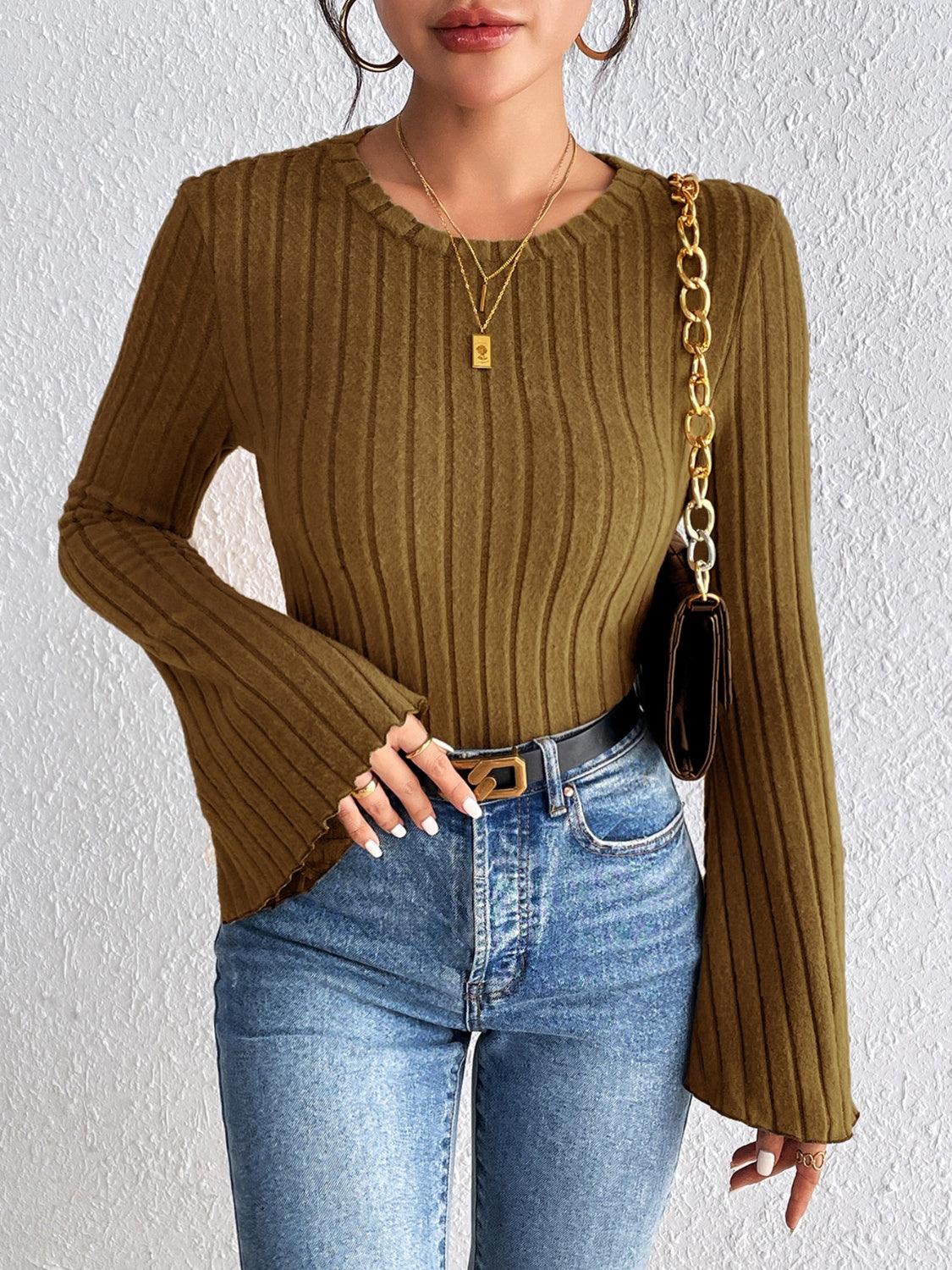 Honey Round Neck Flare Sleeve T-Shirt Olive Brown