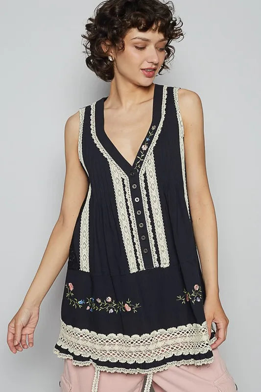 POL Embroidered Lace Detail V-Neck Sleeveless Top