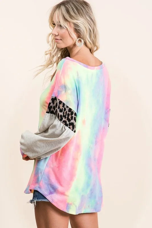 BiBi Tie Dye Terry Top with Contrast Puff Sleeves