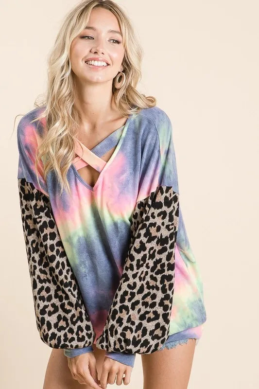BiBi Tie Dye Terry Top with Leopard Puff Sleeves
