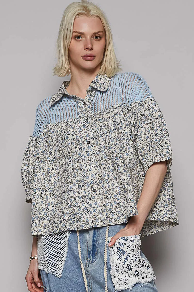 POL Floral Print Crochet Patchwork Button-Down Shirt Pastel Blue