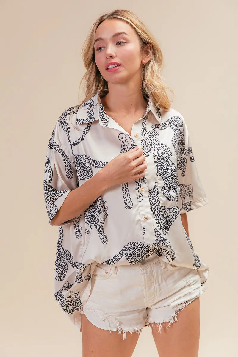 BiBi Leopard Print Short Sleeve Silky Satin Shirt Top
