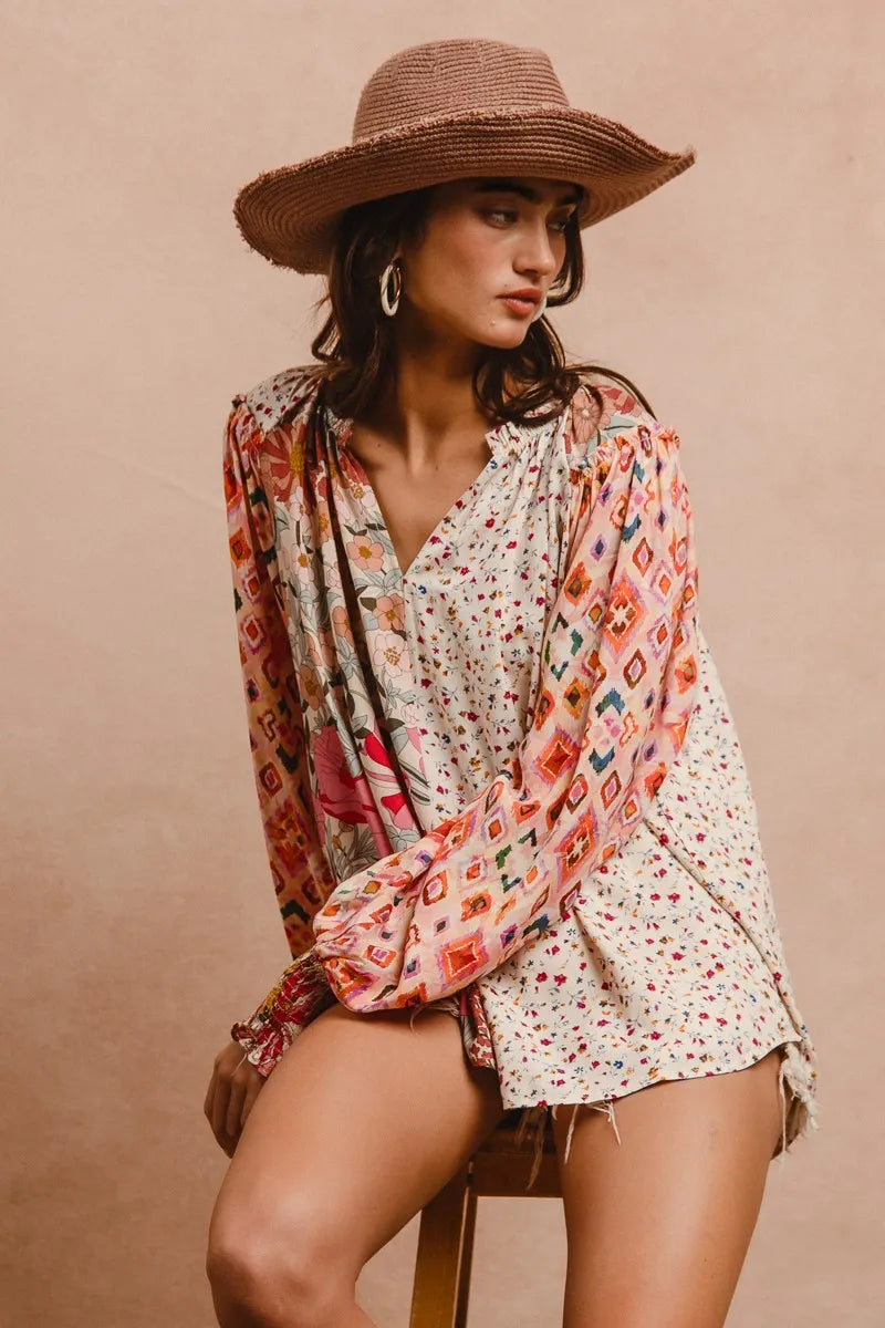 BiBi Floral Print Mix And Match Long Sleeve Peasant Top