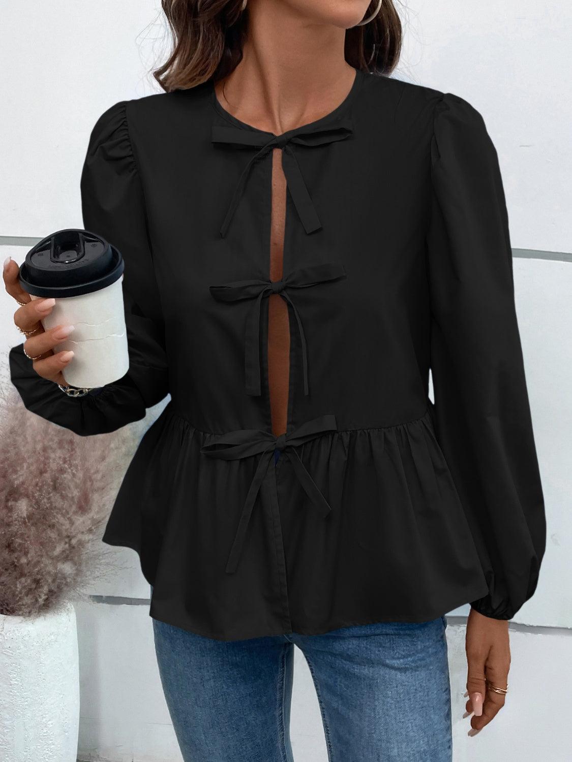 Ivy Lane Peplum Tied Long Sleeve Blouse Black