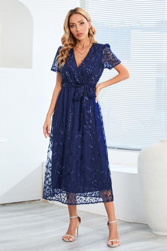 Sequin Leaf Embroidery Dress with Tie Front and Short Sleeves