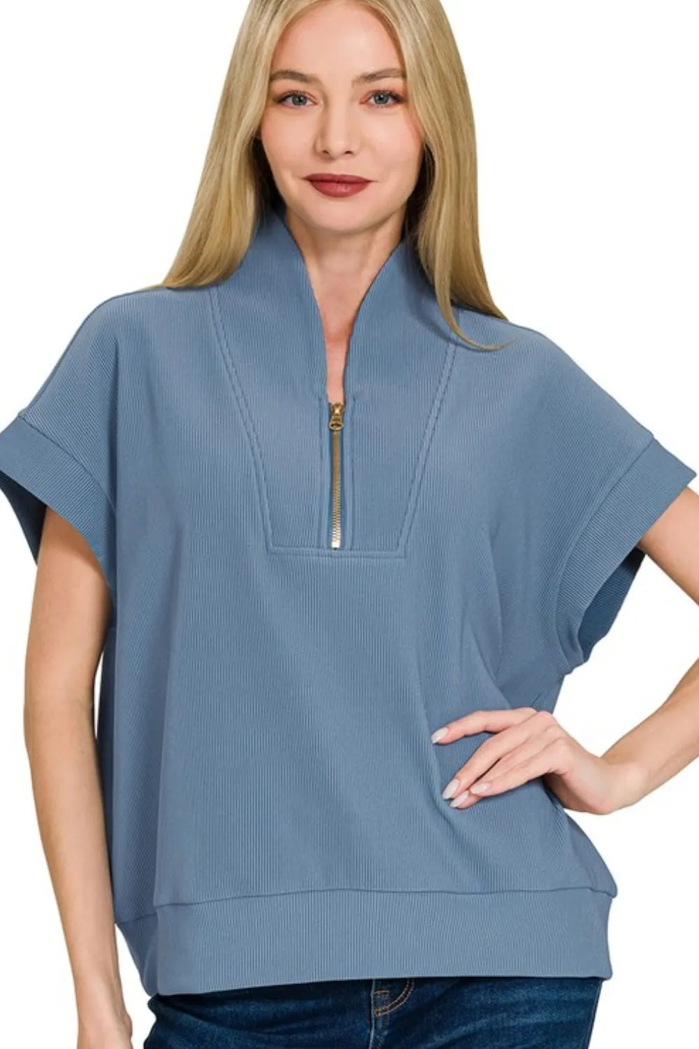 Zenana Ribbed High Neck Half Zip Top DUSTY BLUE