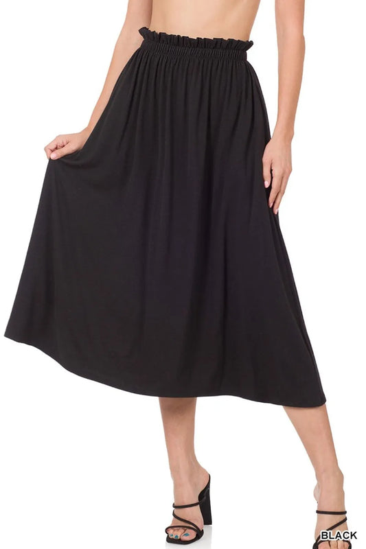 Zenana Paperbag Waist Midi Skirt With Pockets BLACK