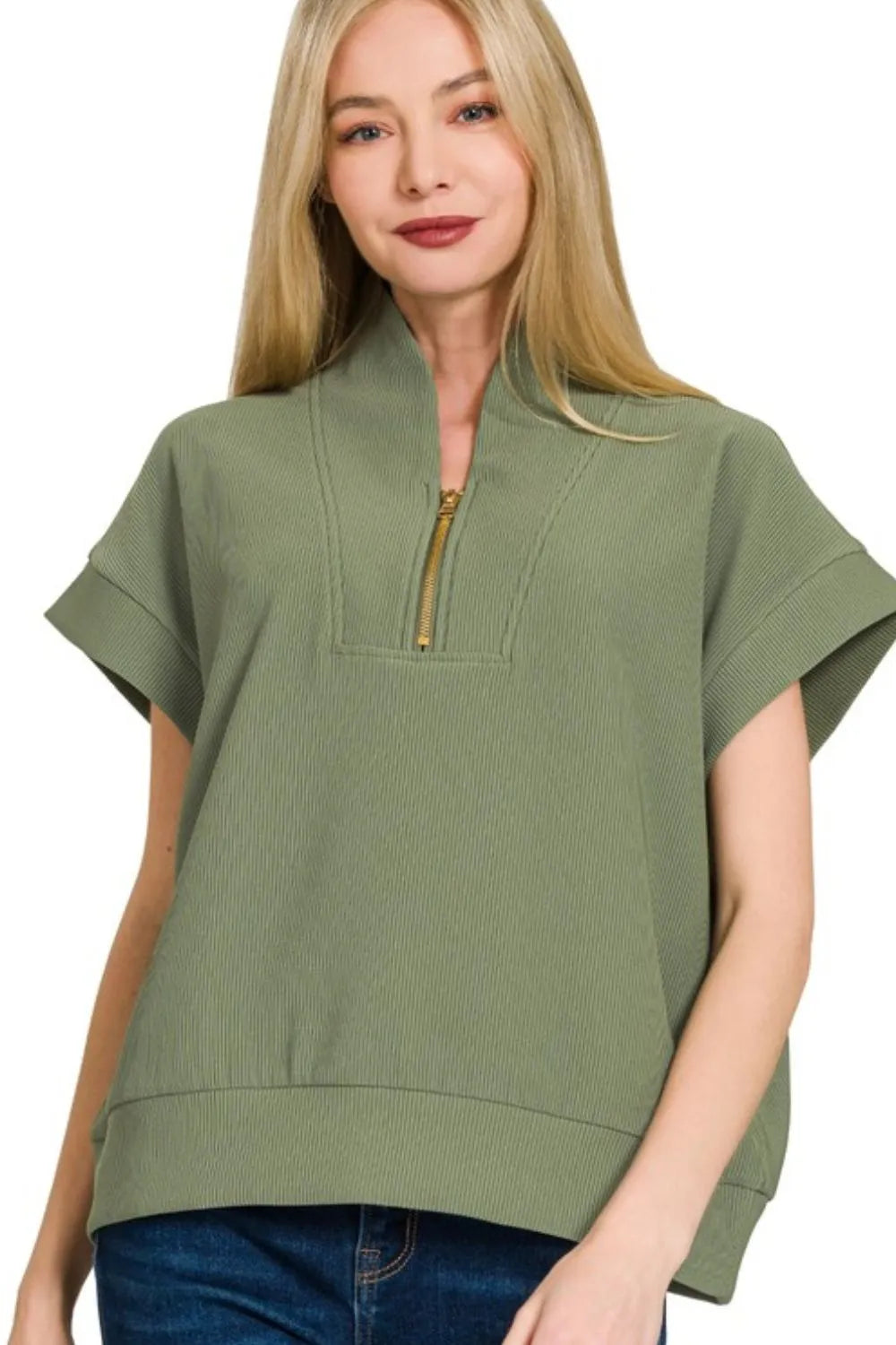 Zenana Ribbed High Neck Half Zip Top LT OLIVE