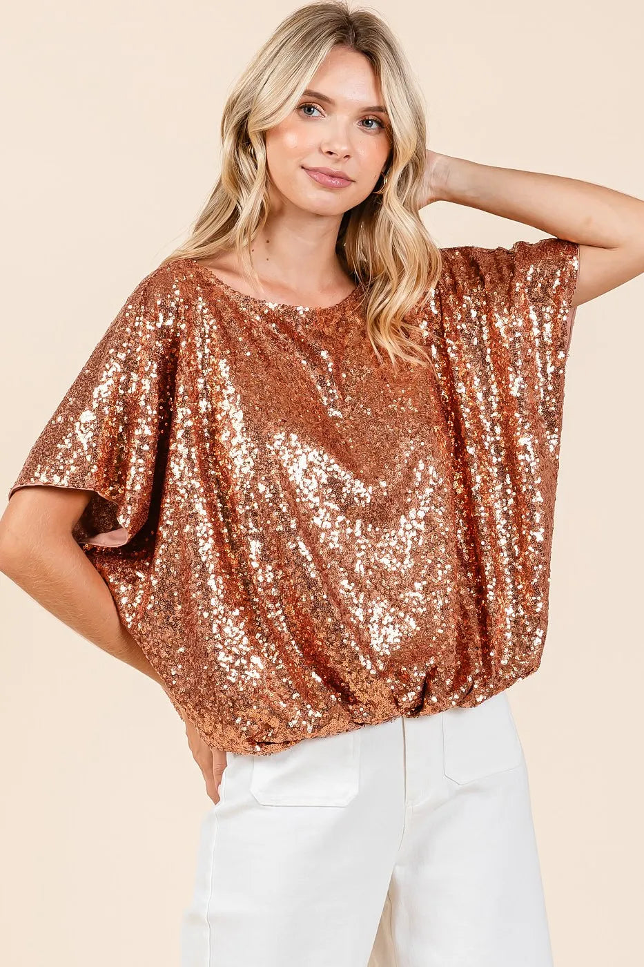 Mittoshop Sequin Short Sleeve Elastic Band Hem Top RUST