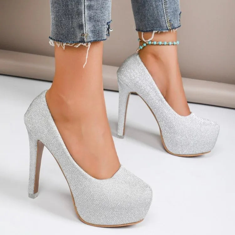 Round Toe Stiletto Pumps Silver