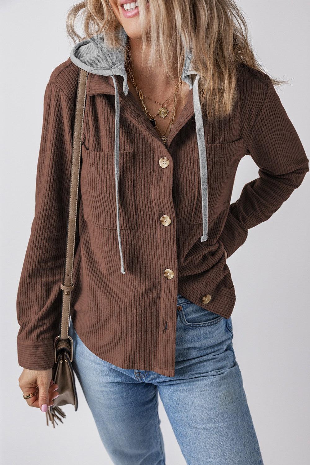 Drawstring Button Up Long Sleeve Hooded Jacket Dark Brown