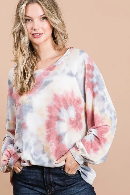 BiBi Tie Dye Print Terry Top With Puff Sleeves