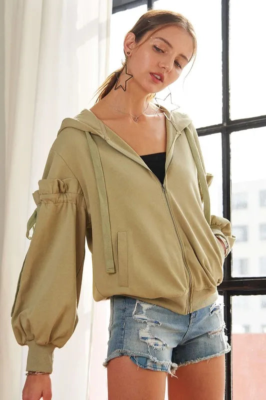 ADORA Ruffled Puff Sleeve Zip Up Hoodie