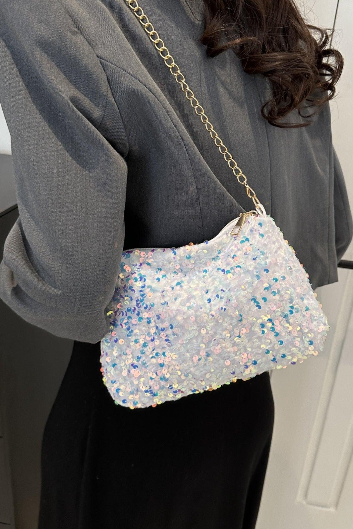 Sequin Removable Strap Shoulder Bag White One Size