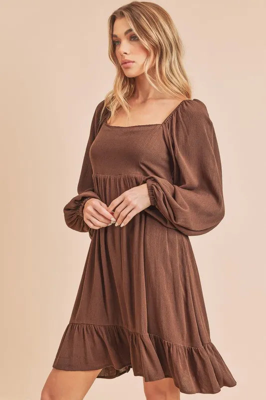 Aemi + Co Ruffled Hem Square Neck Balloon Sleeve Mini Dress
