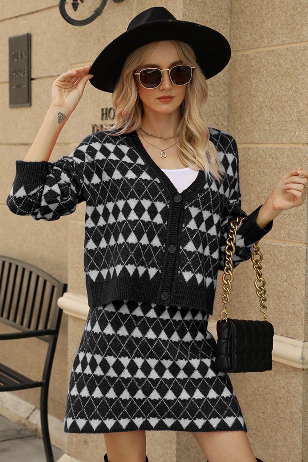 Geometric Dropped Shoulder Cardigan and Knit Skirt Set Black