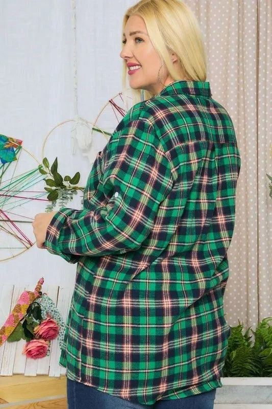 ADORA Full Size Button Down Classic Plaid Shirt W Roll Up Sleeve Plus Size