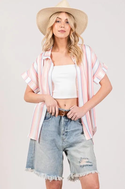 SAGE+FIG Full Size Multi Stripe Button Down Short Sleeve Shirt Plus Size