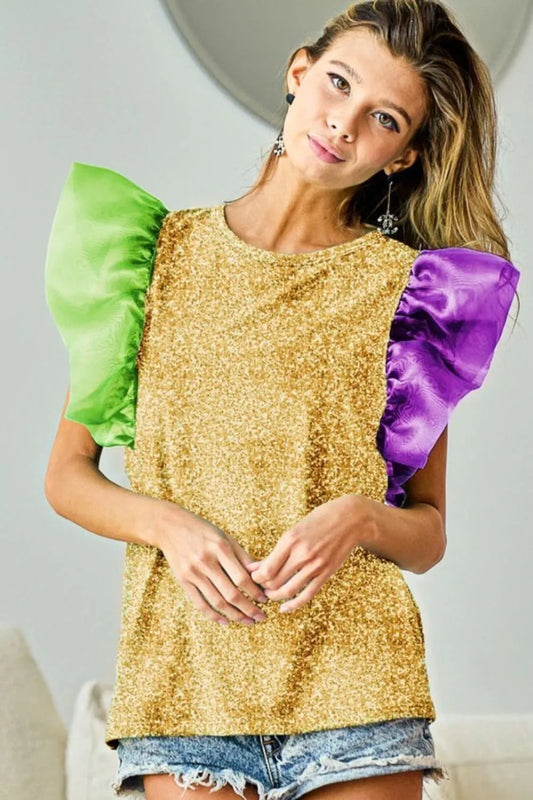 BiBi Mardi Gras Color Block Organza Sleeve Sequin Top MUSTARD