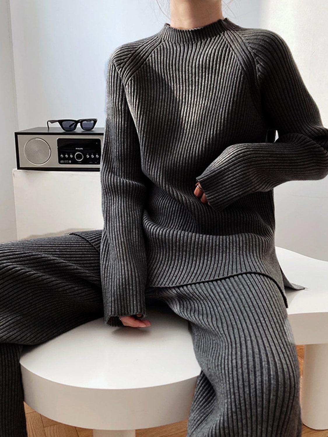 Mock Neck Raglan Sleeve Top and Pants Sweater Set Black One Size