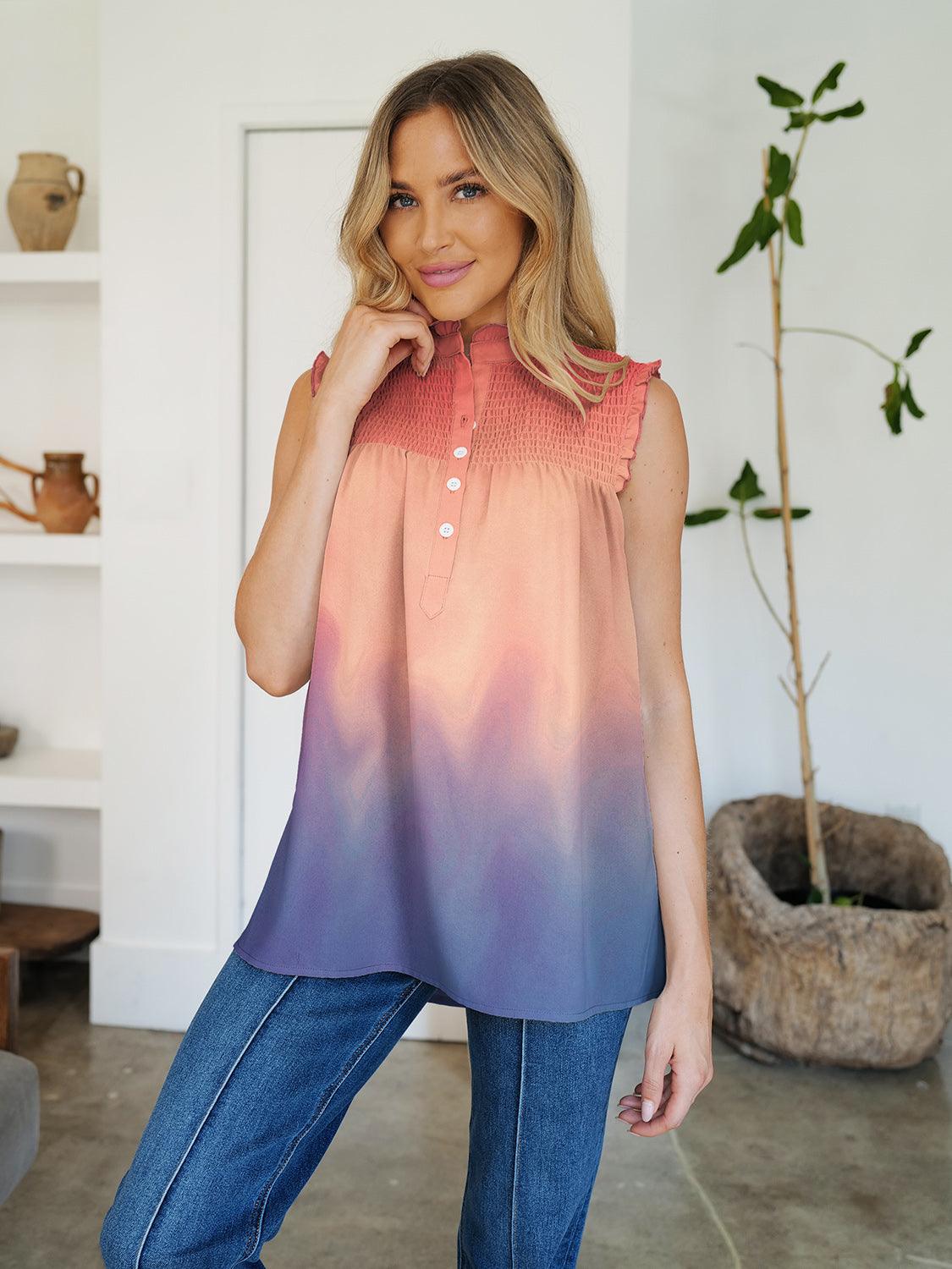 Frill Printed Mock Neck sleeveles blouse in Polka Dot, Striped, and Floral Watermelon pink