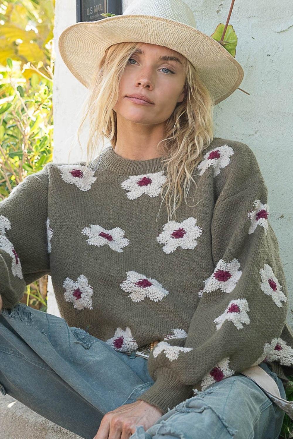 POL Daisy Pattern Drop Shoulder Sweater Olive