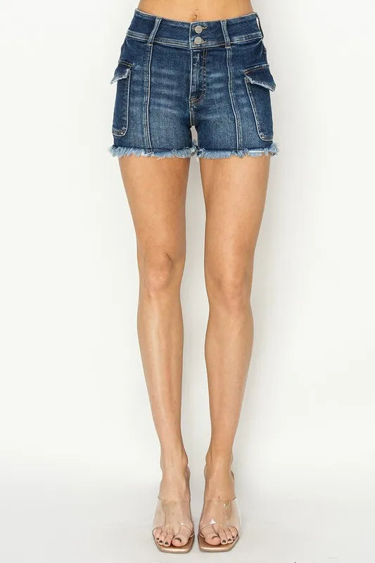 RISEN Raw Hem Denim Shorts with Pockets Dark