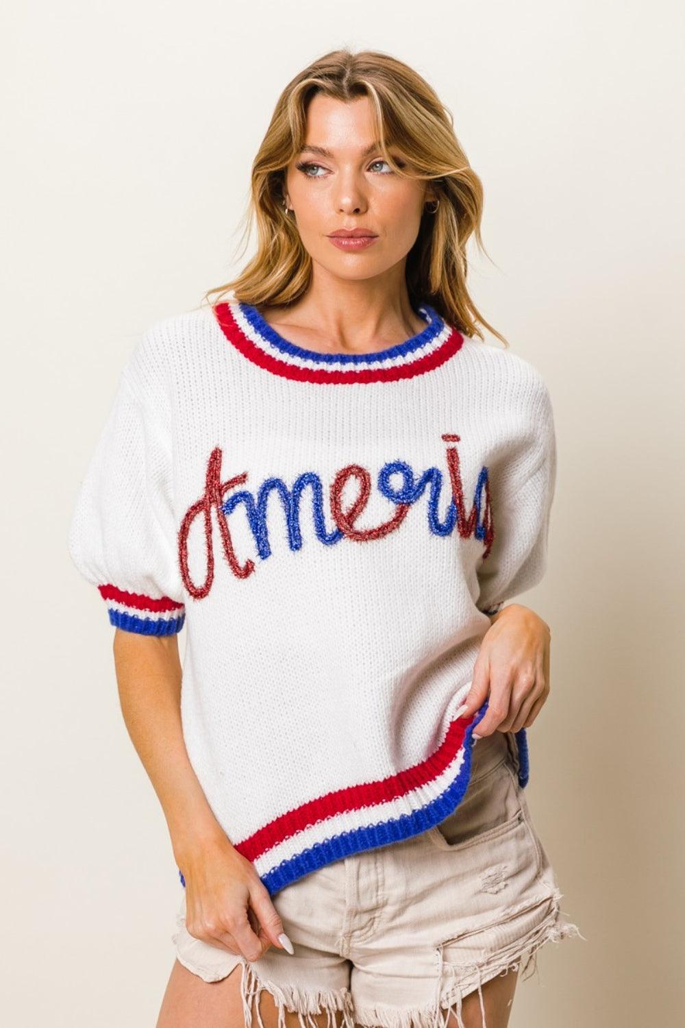 BiBi America Letter Short Sleeve Metallic Sweater