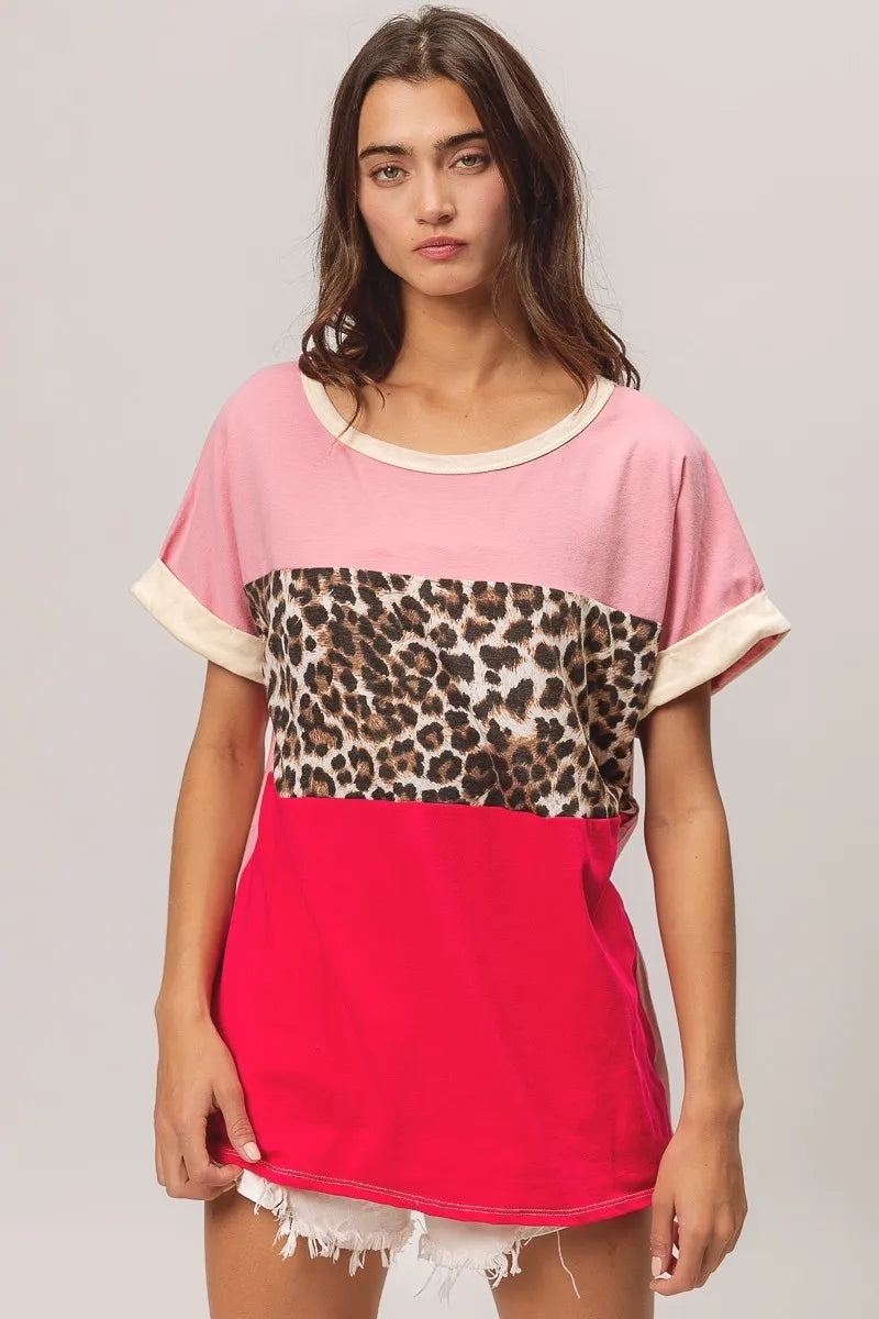 BiBi Leopard Printed Jersey Color Block Roll Up