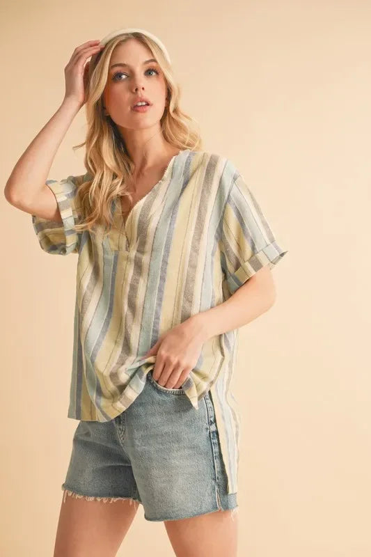 Aemi+Co Side Slit Striped Short Sleeve Blouse