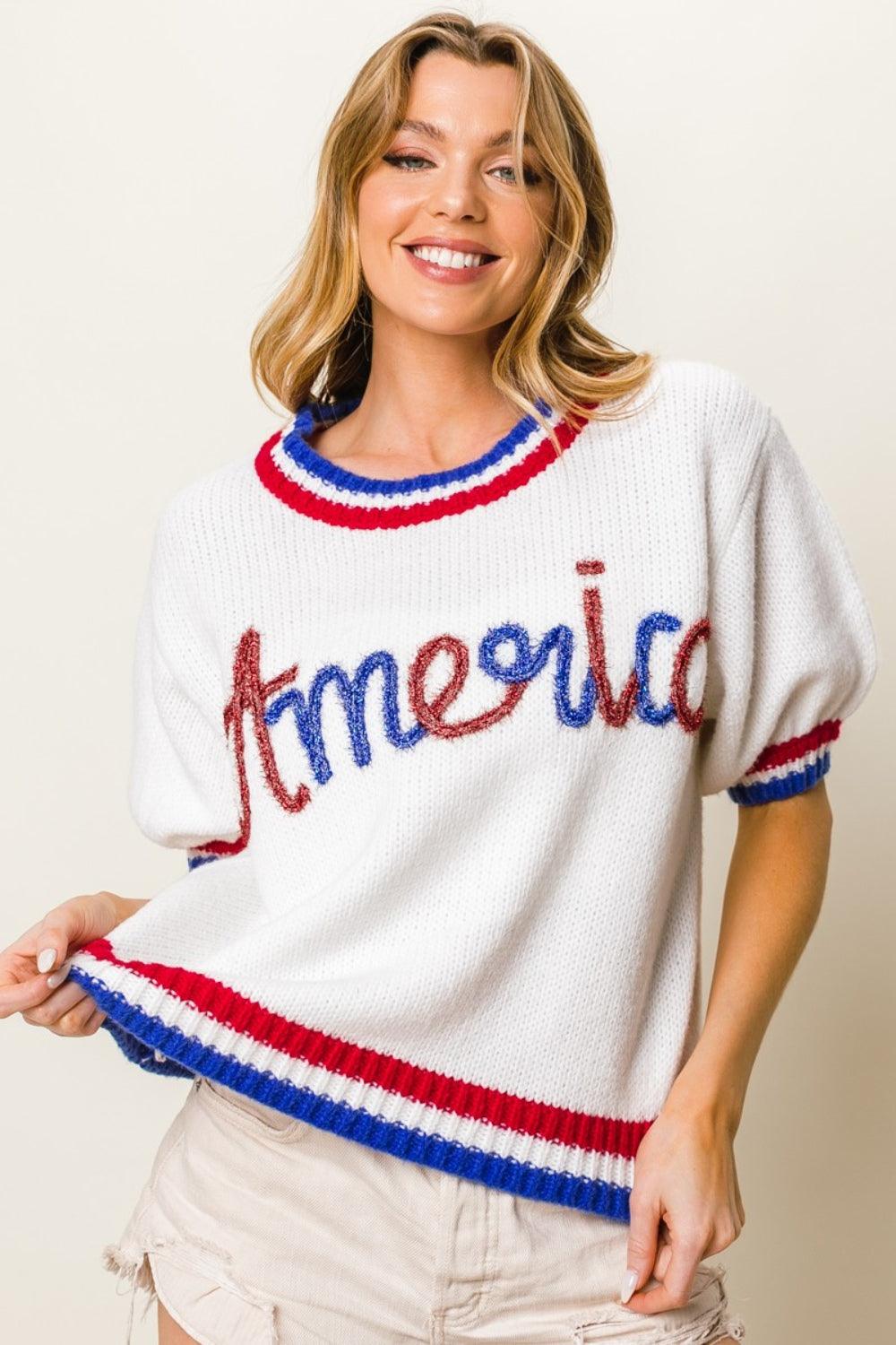 BiBi America Letter Short Sleeve Metallic Sweater