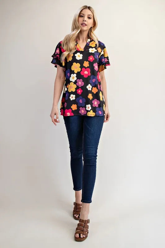 Celeste Bold Floral Ruffle Sleeve Top