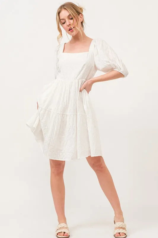 And The Why Square Neck Puff Sleeve Tiered Mini Dress