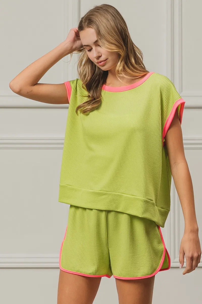 BiBi Cord Rib Knit Contrast Banded Top