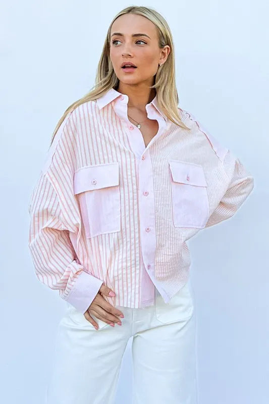 And The Why Multi Striped Mix-Match Patched Pocket Shirt