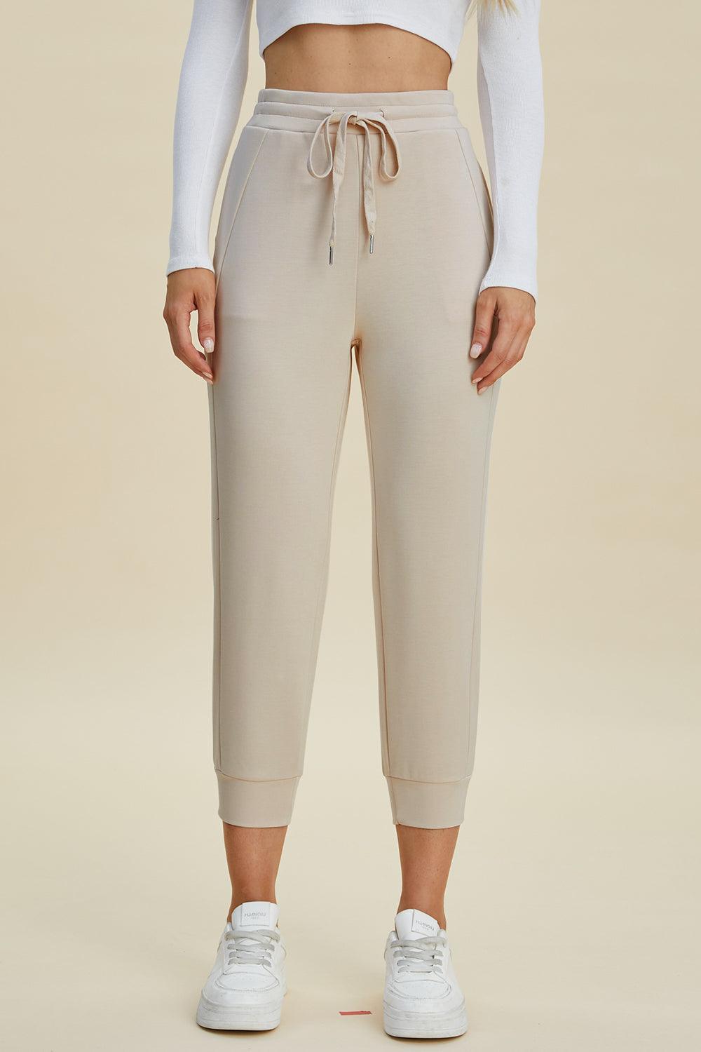 Basic Bae Full Size Air Scuba Drawstring High Waist Cropped Pants Beige