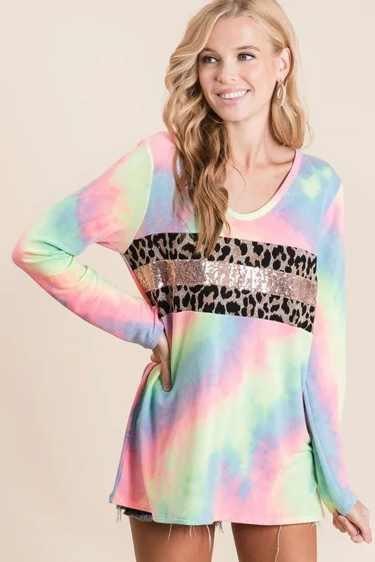 BiBi Tie Dye Deep U-neck Top with Leopard and Sequins