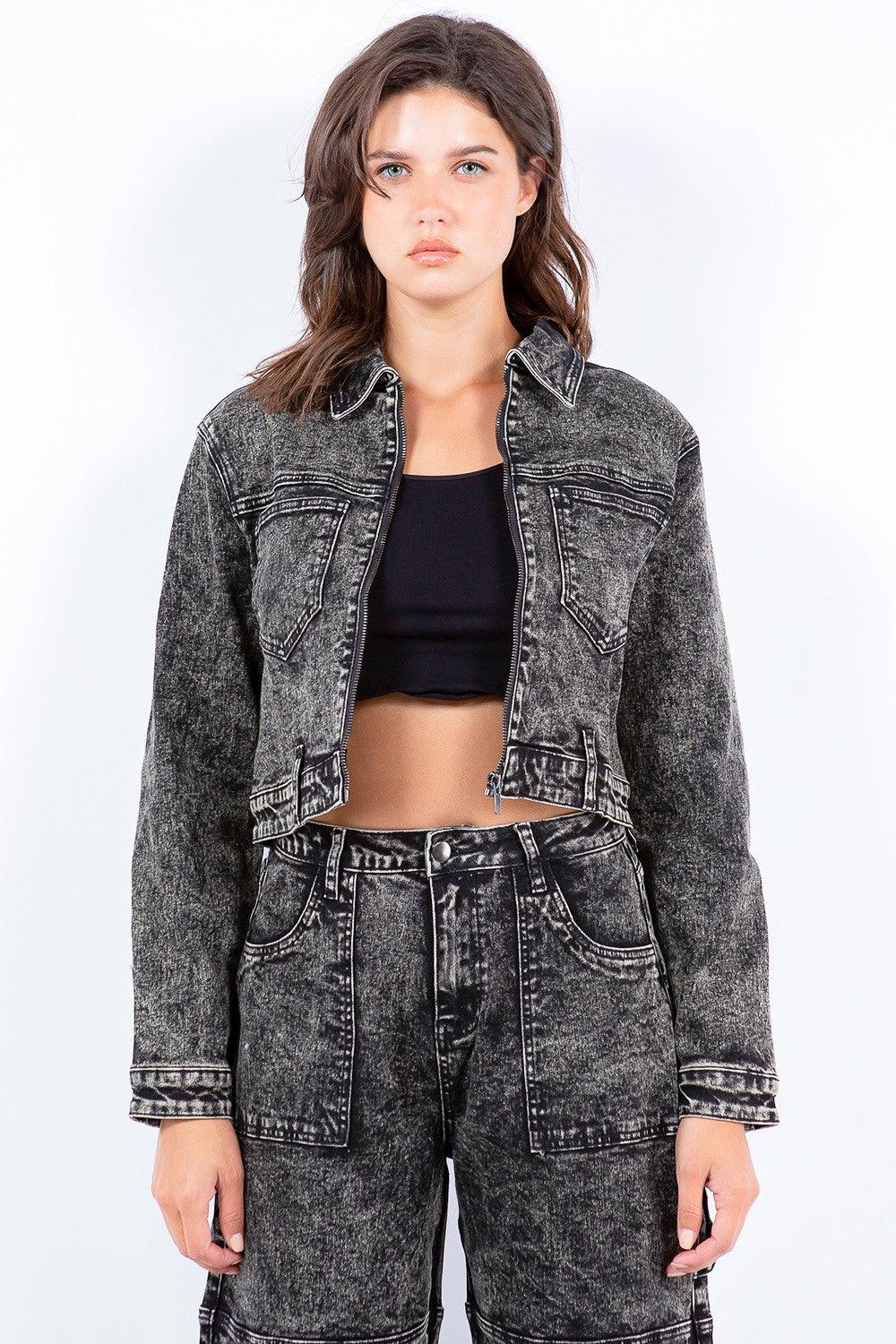 American Bazi Overdyed Bleached Zip Up Cropped Jacket Grey