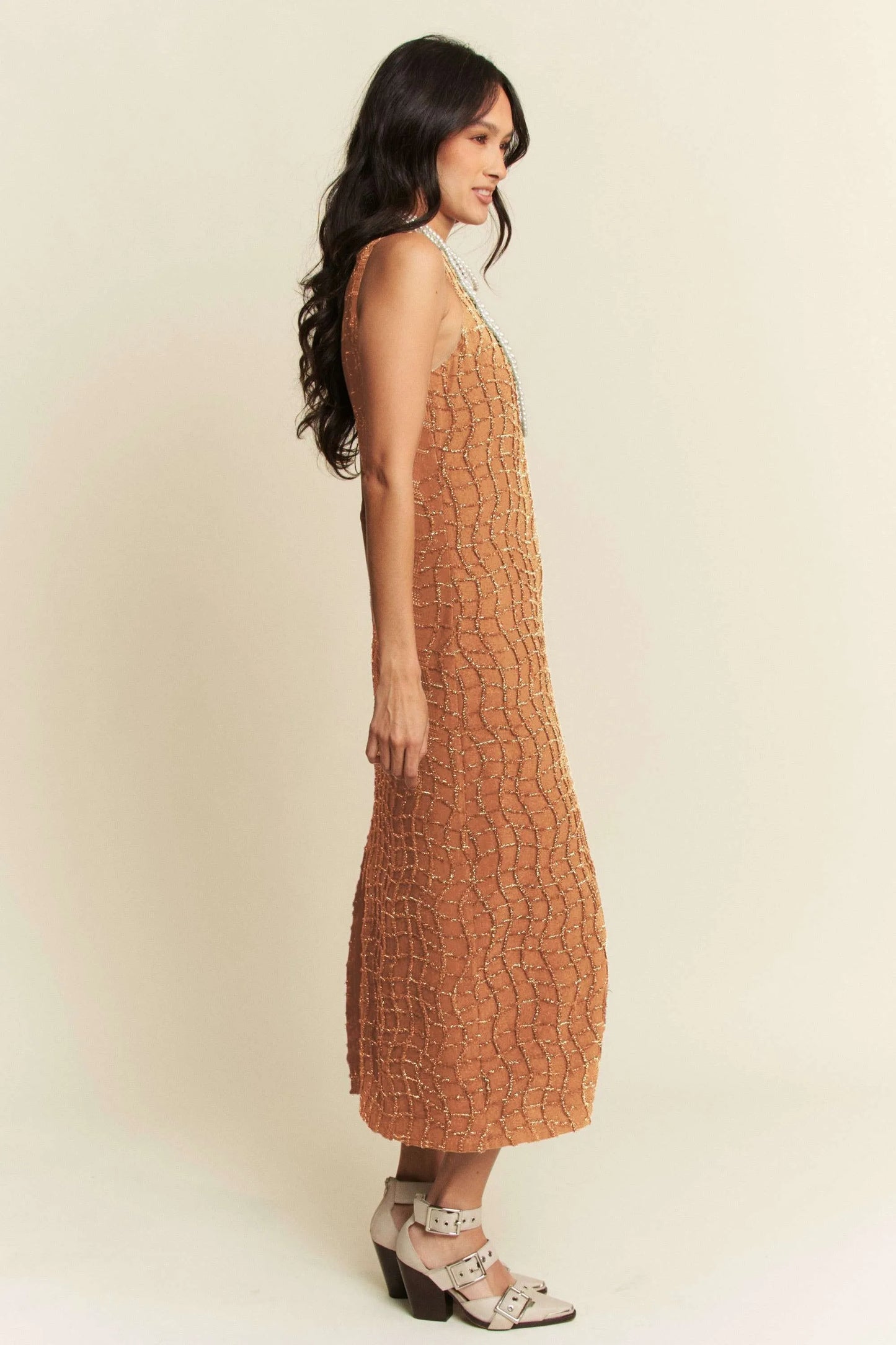 Davi & Dani Golden Textured Zippered Midi Dress