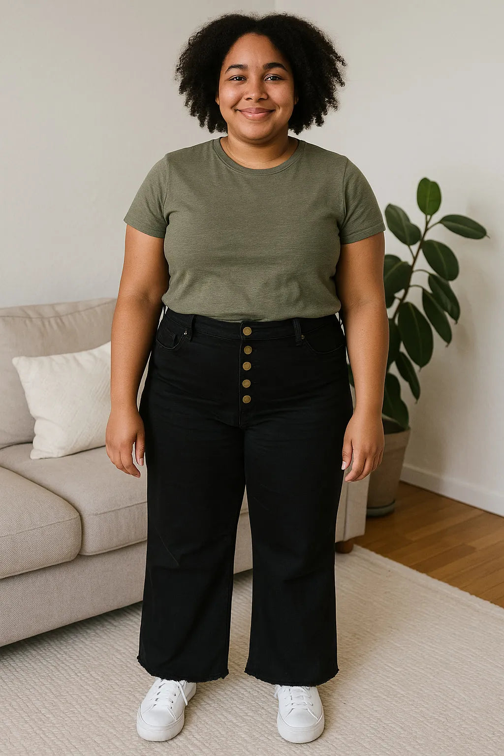 Mittoshop Twill High Waisted Button Fly Wide Leg Pants