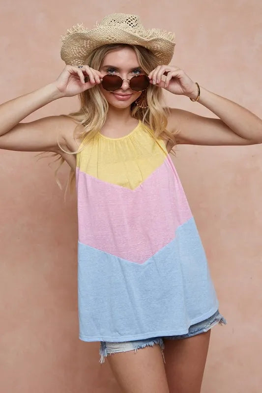 BiBi Triblend Knit Color Block Halter Neck Top YELLOW PINK BLUE