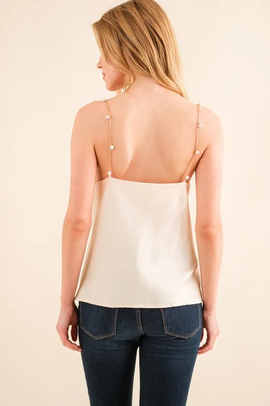 And The Why Faux Pearl Gold Chain Satin Casual Cami Top