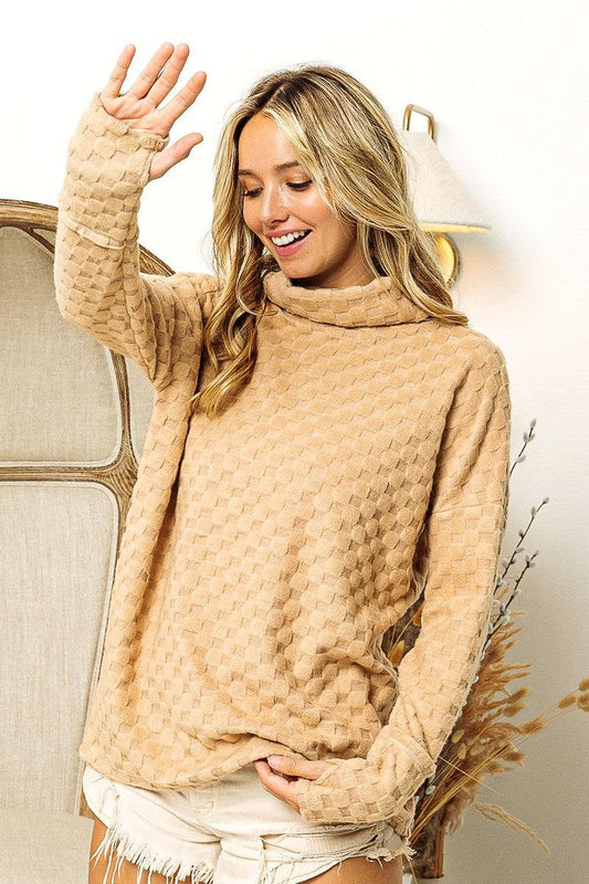 BiBi Checkered Round Neck Thumbhole Long Sleeve Top TAUPE