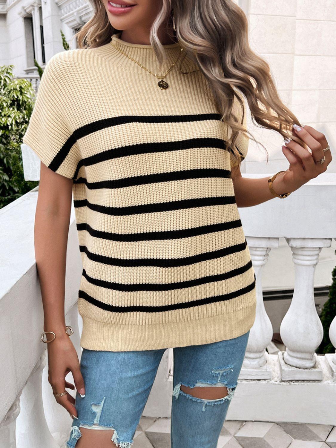 Devine Striped Mock Neck Short Sleeve Sweater Pastel Yellow