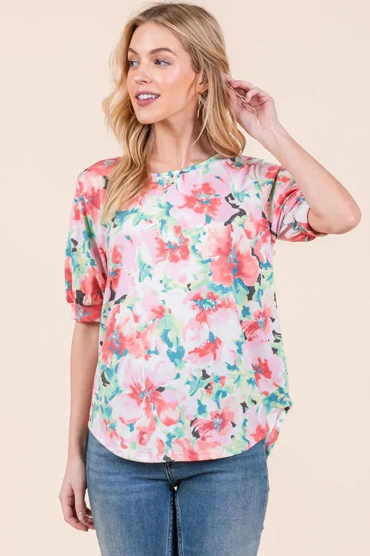 BOMBOM Floral Round Neck Puff Sleeve Top