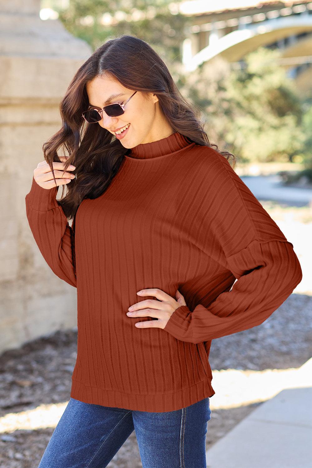 Basic Bae Full Size Ribbed Exposed Seam Mock Neck Knit Top Rust