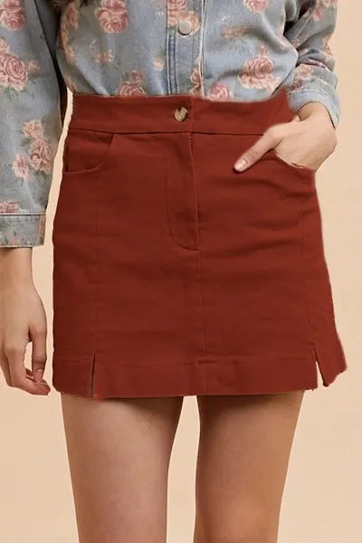 Annie Wear Comfort Stretch Cotton Slit Detailed Mini Skirt BRICK