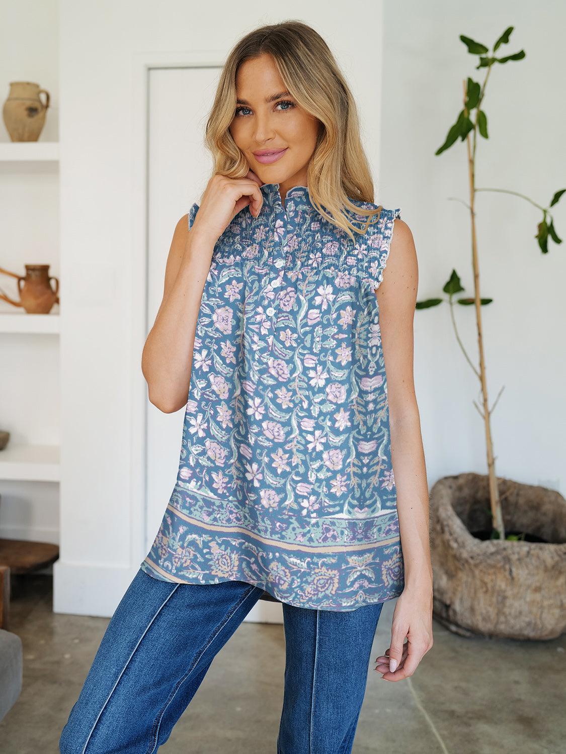 Frill Printed Mock Neck sleeveles blouse in Polka Dot, Striped, and Floral Dusty Blue