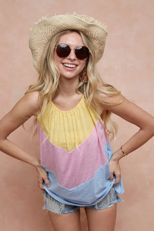BiBi Triblend Knit Color Block Halter Neck Top